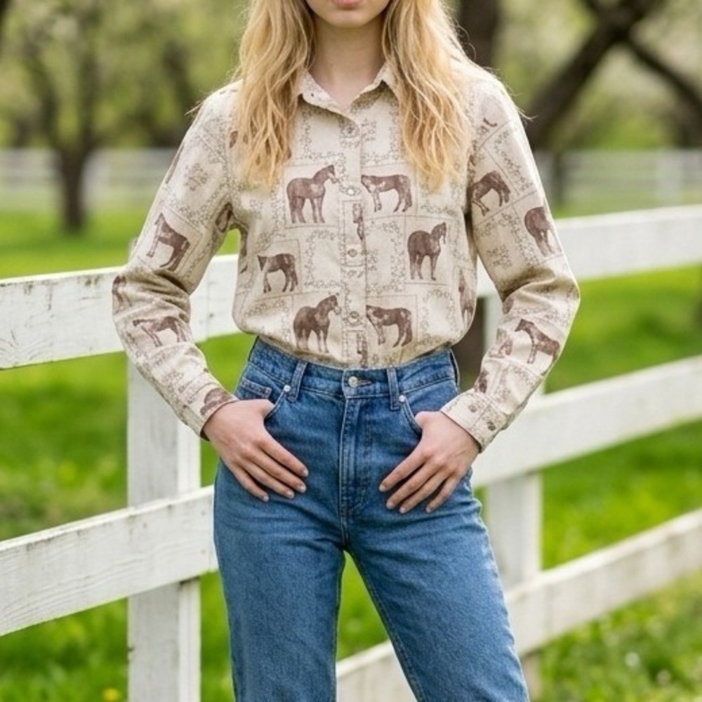 Rod's Horse Print Button Down Shirt‎ Women M Beige Vintage Western Equestrian